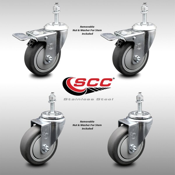 Service Caster 4 Inch SS Thermoplastic Rubber 1/2 Inch Stem Caster Total Lock Brake SCC, 2PK SCC-SSTSTTL20S414-TPRB-381615-2-S-2 - main